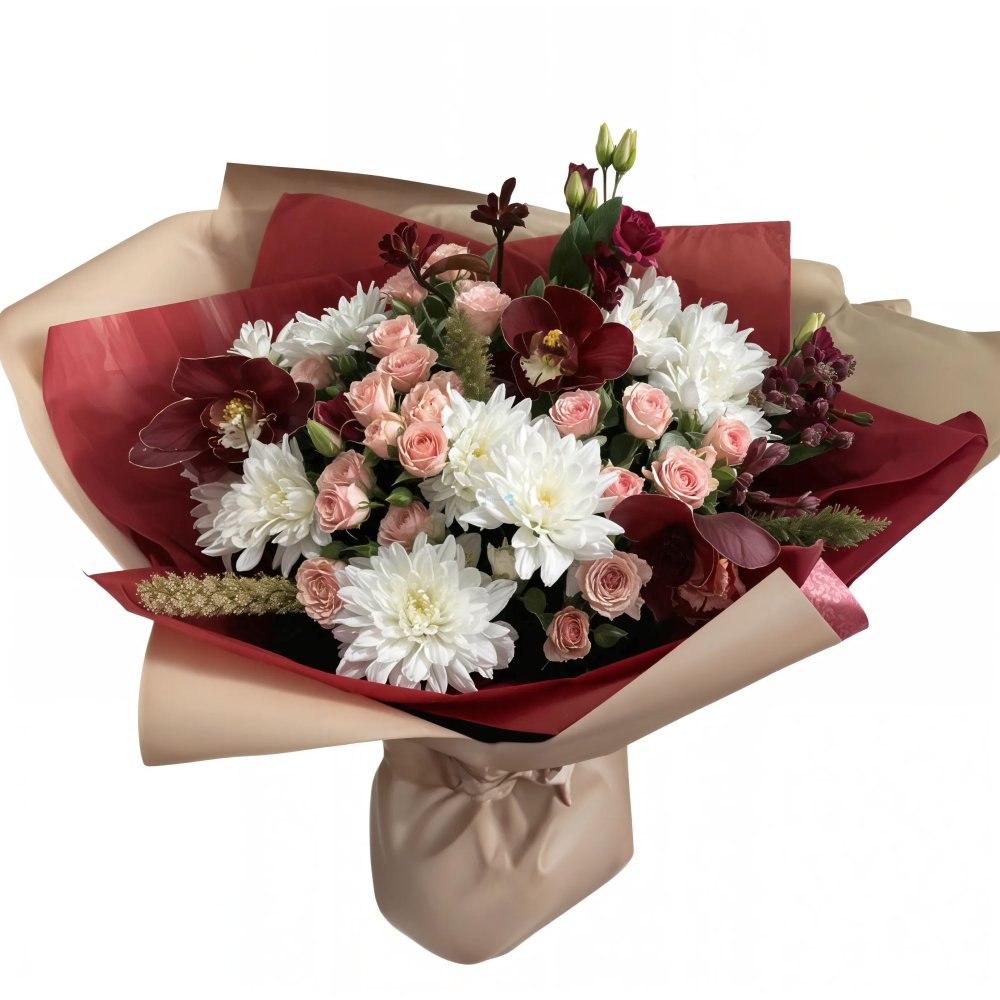 Букет цветов из: Хризантемы, Орхидеи и Розы